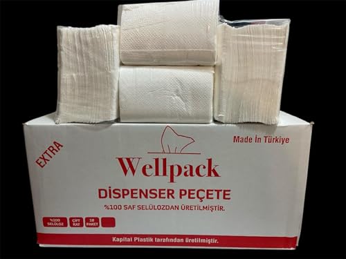 Peçete — Wellpack Dispenser, 100% Saf Selüloz, Çift Kat, 18 Paket, Made in Türkiye, Ekstra Büyük Boy 200 Yaprak, 18 Paket İçerir