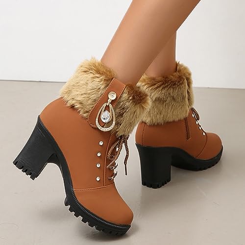 Women's Lace Up Winter Snow Boots Cold Weather Outdoor Rhinestone Warm Boot,Lace Up Round Head Plush Lined Chunky Heel Thermal Snow Boots 6