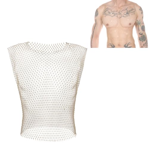 Camiseta de malla para hombre con diamantes de imitación en color negro