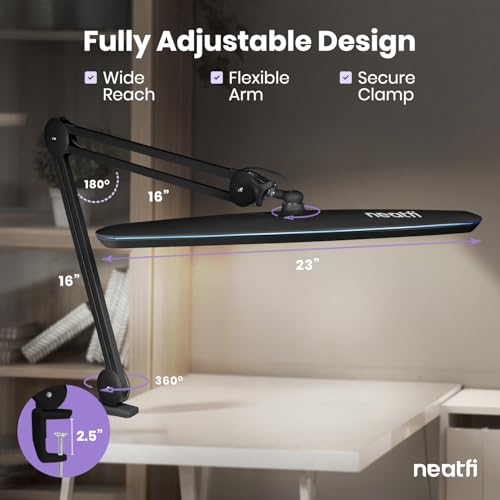 Image of Neatfi XL 2,200 Lumens 24W LED Desk Lamp - 23 inch Wide Shade | Dimmable Eye-Caring Task Light | Adjustable Arm | Home Office, Study, Crafts & Nail Tech (Black, Non-CCT with Clamp)