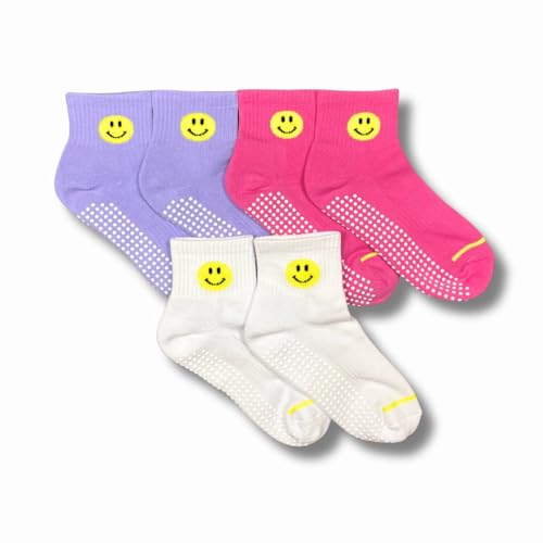 Image of Smiley Grip Socks 3-Pack - Cushioned for Pilates, Studio, Non-Slip Ankle Socks, Happy Face Design, Blue, Green, White