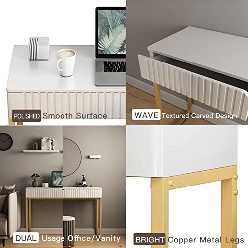 White Vanity Desk With 2 Drawers, Gold And White Desk,Home Office Desk Modern Makeup Vanity Table, Entryway Console Table, Sofa Table (Golden Legs) #TOP3