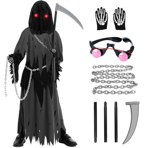 Capaneus Disfraz Muerte Niño, Disfraz de La Muerte con Guadaña, Disfrazs Fantasma Halloween, Disfrazs de Parca de Halloween para Niño Fiesta Cosplay (L)