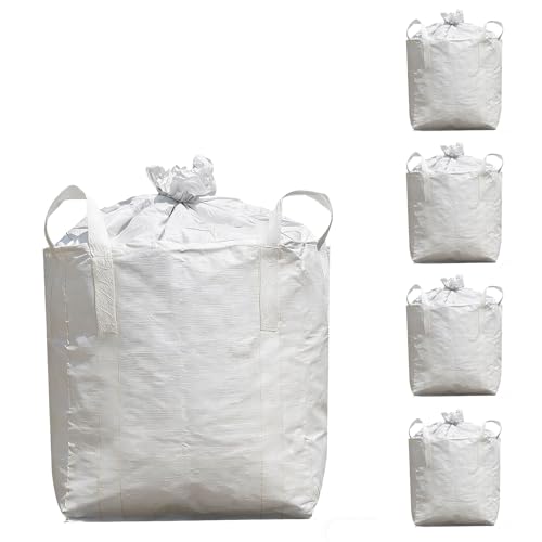 Volarenwin FIBC Bulk Bag 39x39x48in, Super Sack Heavy Duty, Pack of 5 | White woven polypropylene, duffle top, 320 gal, holds 2860 lbs; construction bags for demolition, mining & landscaping.