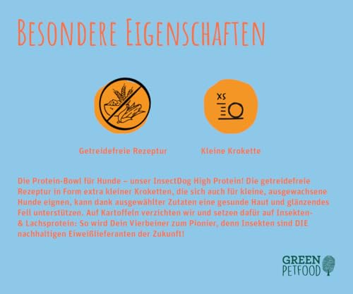 Green Petfood InsectDog High Protein (1 x 7,5 kg) | Adult | Premium Trockenfutter für ausgewachsene aktive Hunde | Lachs- & Insektenprotein & roten Linsen | kleine Krokette | getreidefrei | 1er Pack