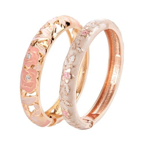 UJOY Vintage Jewelry Cloisonne Handcrafted Flower Enameled Gorgeous Rhinestone Gold Hinged Cuff Bracelet Bangles Gifts 88A10
