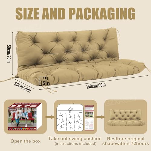 Image of Durable Not Easy to Fade Porch Swing Cushions 60 inch Extra Thick 5 Inch Waterproof Outdoor Swing Cushions 3 Seater Replacement with Backrest & 8 Ties Swing Cushion for Outdoor Furniture Patio(Khaki)