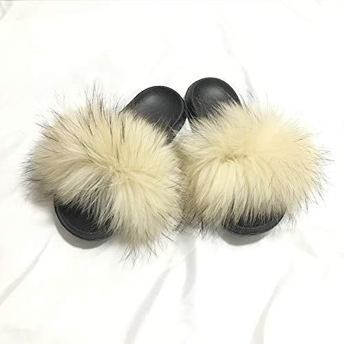 Yu Li Womens Luxury Real Raccon Fur Slippers Slides Indoor Outdoor Flat Soles Soft Summer Shoes2