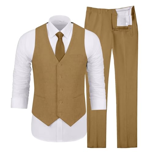 Men's Linen Suit 2 Piece Suits Vest Pants Set, Slim Fit Beach Wedding Prom Party Suit for Men3