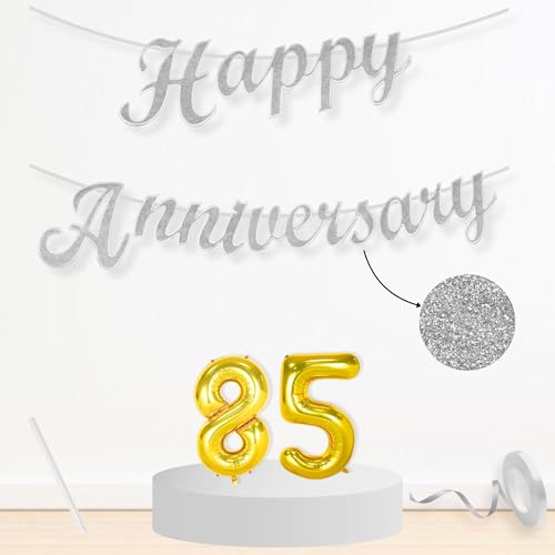 Image of Flyloons 85th Happy Anniversary Banner Silver Decorations Kit for Men Women Wedding Anniversary Banner Items without Balloons