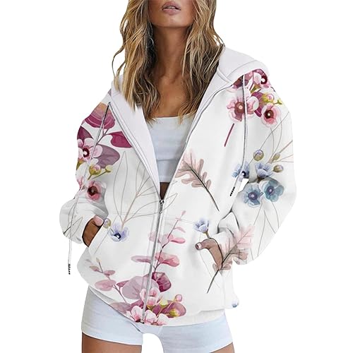 Sweat à capuche zippé pour femme : veste longue décontractée à motif fleuri pour l'automne