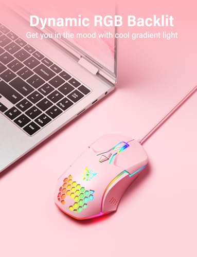 Wired USB Mouse, Computer Mouse with RGB Lighting, 4 Adjustable DPI, Ergonomic Optical Office Mouse, 7 Buttons Corded Mice for Window/PC/Laptop/Desktop/Mac/Chromebook, Pink - Image 3