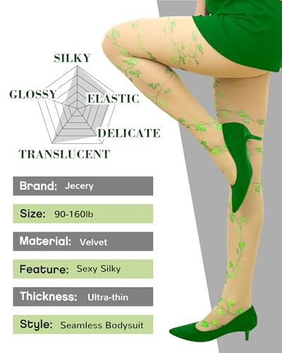 Jecery Women Green Leaf Tights Glitter Tights for Women Sparkly Vine Leggings for Spring2