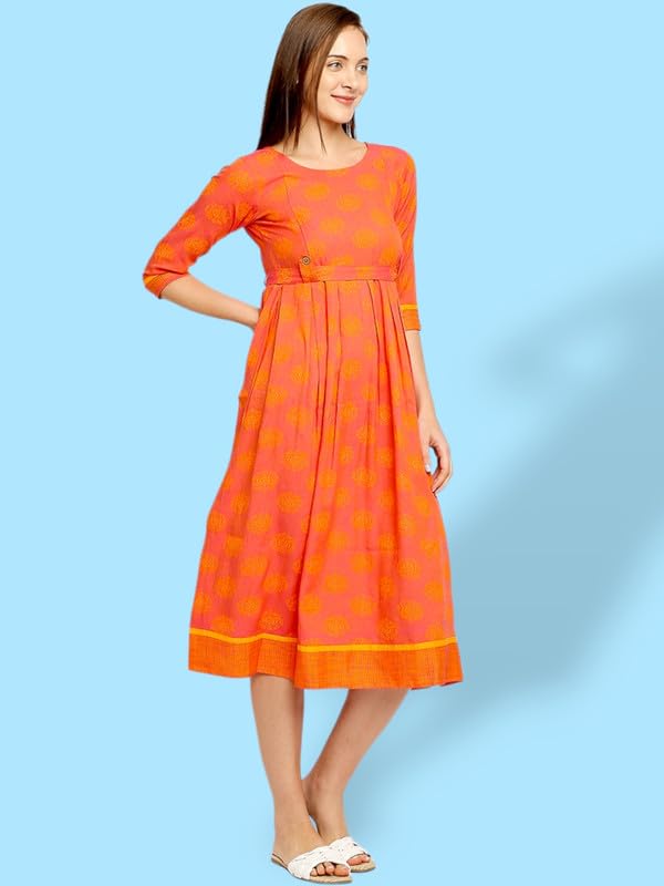 Image of DUMMY SHAPE Maternity Dresses for Women Cotton | Feeding Anarkali Kurta with Concealed Nursing Zippers for Pre & Post Pregnancy | Mom to Be Gifts (DS-MAT-P051-M, Orange)