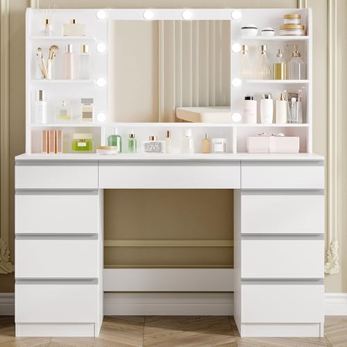 Hzuaneri Dressing Table with Bulb Light, Vanity Desk with 1 Large Drawer and 8 Small Drawer Cabinets, Adjustable Brightness, Large HD Mirror, 9 Open Storage Areas, White DT35703W