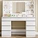 Hzuaneri Dressing Table with Bulb Light, Vanity Desk with 1 Large Drawer and 8 Small Drawer Cabinets, Adjustable Brightness, Large HD Mirror, 9 Open Storage Areas, White DT35703W