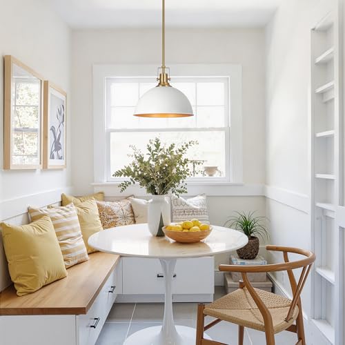 LamQee 13 Inch White and Gold Metal Pendant Light Kitchen Island, Farmhouse Modern Dome Pendant Light Fixtures Ceiling Hanging Lighting Chandelier for Dining Room Over Table, Bar, Hallway, Entryway by LamQee - Used condition - Image 3