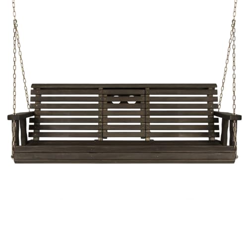 Image of Porchgate Amish Heavy Duty Console Porch Swing with Fold Down Cup Holders in Dark Walnut Stain - Amish Made in The USA from Treated Pine, Hanging Chains Included
