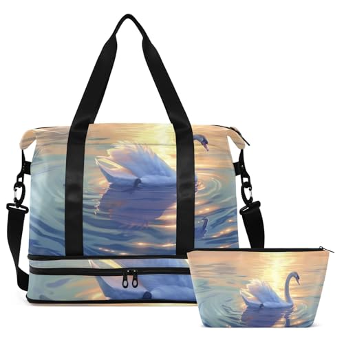 ALAZA Sports Duffel Bags with Toiletry Bag Set,Beautiful Swan Travel Duffel Bags Multi Pockets Weekend Bag