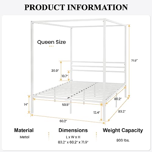 Modern Metal Canopy Bed Frame Queen Size/Easy Assembly/White