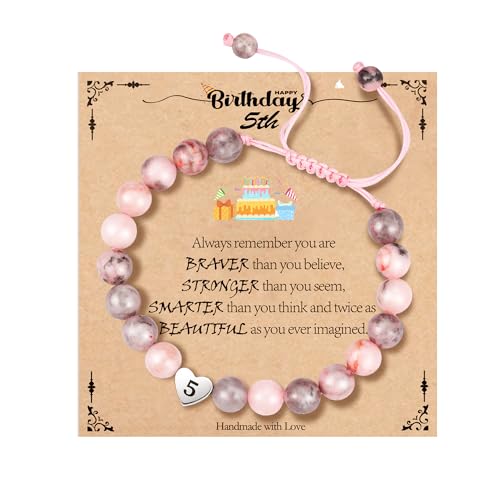 WEDDINEN 5-14 Year Old Birthday Gifts for Girls, Adjustable Pink Nature Stone Heart Bracelet with Message Card for Daughter Granddaughter Niece Sister Friend