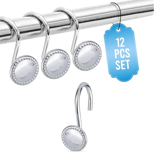 Splash Home Premium Rust-Proof Chrome Shower Curtain Hooks, Heavy-Duty Metal Hooks for Bathroom, Decorative Button Design, Rust-Resistant Curtain Hangers - Fits All Shower Rods, Set of 12