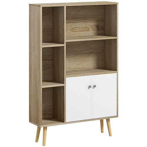 HOMCOM Biblioteca escandinava Mueble de almacenamiento dim. 80 x 23,5 x 123 cm, 5 nichos armario, 2 puertas, patas cónicas inclinadas, madera maciza, roble