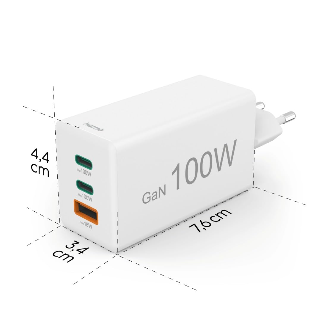 Hama | Cargador Rápido GaN 100 W USB-C PD QC 3.0 Blanco | Carga rápida de hasta 100 W con tecnología GaN, compatible con iPhone, Samsung, MacBook y más, Blanco