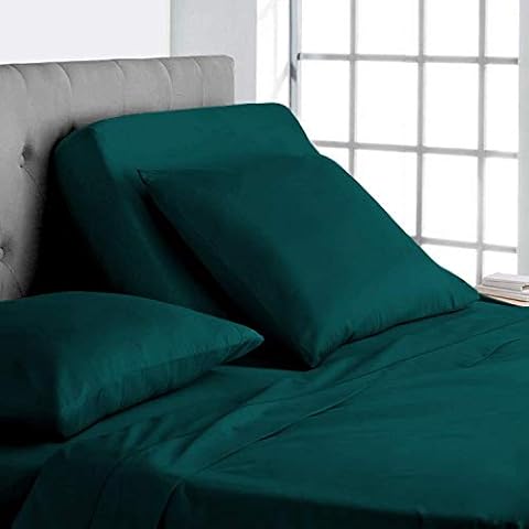 Wega Linen 4pc Cotton Bed Sheet Set Adjustable King Bed Sheets 18 Inch Deep Pocket, Top Split King (28 in) Split Down 28 inches from The Top Teal Cover