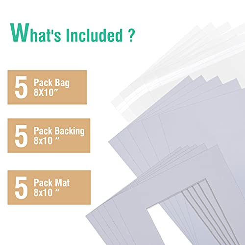 Acid-Free 5 Pack 8X10 Pre-Cut Mat Board Show Kit For 5X7 Photos, Prints Or Artworks, 5 Core Bevel Cut Matts And 5 Backing Boards And 5 Crystal Plastic Bags, White #TOP2