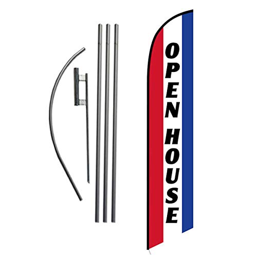 1 (one) OPEN HOUSE red/wh/bl 15' SWOOPER #3 FEATHER FLAG KIT with pole+spike