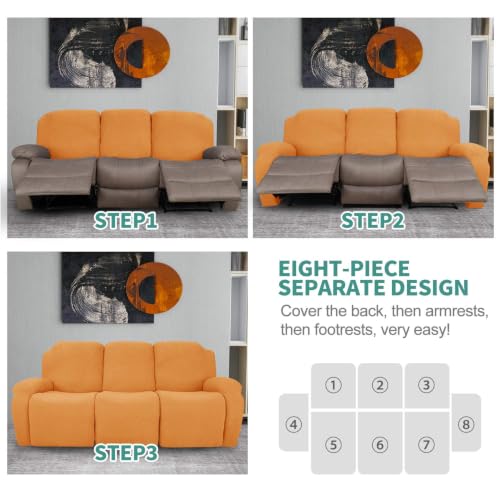 Image of YEMYHOM 8 Pieces Stretch Recliner Sofa Cover Jacquard Reclining Couch Cover with Side Pocket Anti-Slip Fitted 3 Cushion Furniture Slipcovers with Elastic Bottom (Sofa Recliner, Orange)