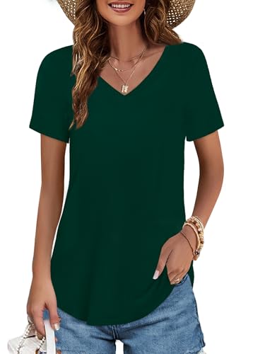 Image of Elesomo Womens T Shirts V Neck Summer Short /Long Sleeve Cotton Tops Tees