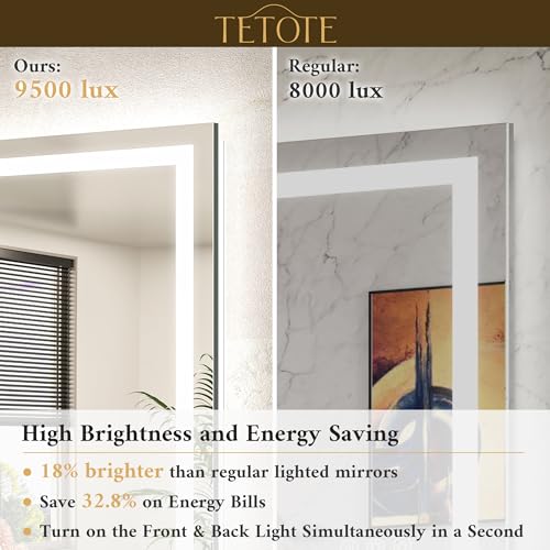 TETOTE LED Bathroom Mirror with Lights 40 x 24 Brighter Light up Mirror for Bathroom Vanity, Front and Backlit 3-Color Dimmable Illuminated Antifog Mirror Wall Mounted, Waterproof, Tempered Glass - Image 3