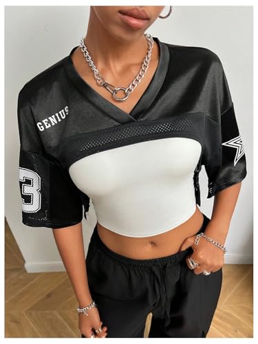 MakeMeChic Cropped Jersey for Women Half Sleeve Y2k Crop Tops Shrugs V Neck Graphic Tee4