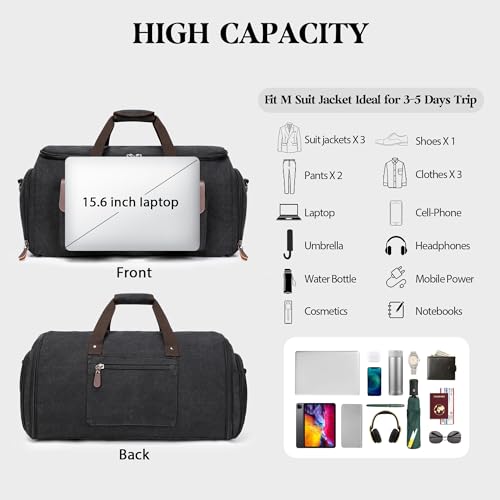 Canvas Garment Bags for Travel, Convertible Carry On Garment Duffel Bag for Men Women, 2 in 1 Suit Bag Hanging Suitcase Business Travel Bag with Shoe Compartment (Black, L)4