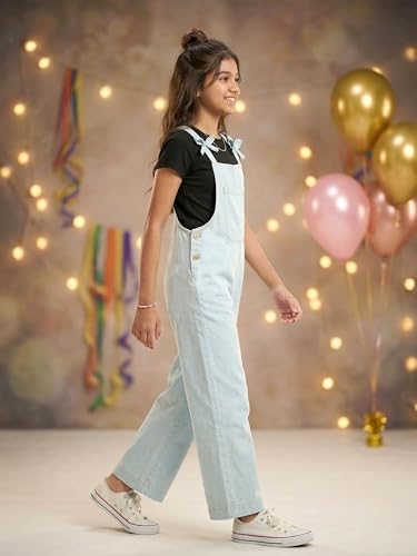 Image of KiddoPanti Girls Denim Dungaree Pant | Cotton Blend Stretch Jumpsuit | Single Front Pocket | Stylish Casual Kids Dungaree | Comfortable Everyday Wear 1-14 Years