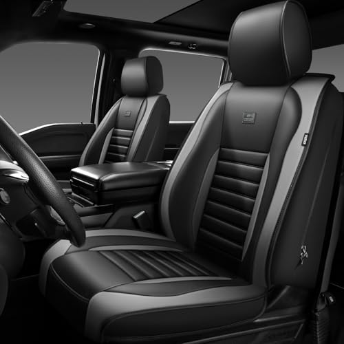 CAR PASS Nappa Leather Car Seat Covers Front Seats, Luxury Seat Protector for Cars, Waterproof Anti-Slip Seat Cushion Armrest Compatible Airbag Universal for SUV Pick-up Truck Automotive, Black Gray