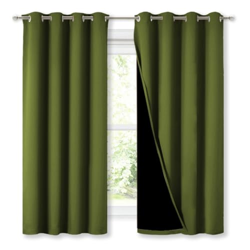 Image of NICETOWN 100% Blackout Curtains 54 inch Long, Olive Green, 1 Pair, 52 inch Width Each Panel, Double-Deck Completely Blackout Window Treatment Thermal Insulated Lined Drapes for Small Window