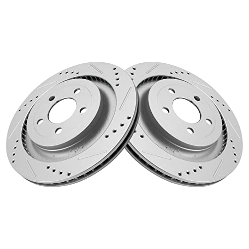 Image of TRQ Performance Rear Brake Pad and Rotor Set Ceramic Drilled Slotted G Coated Rotors Compatible with 2015-2018 Ford Mustang