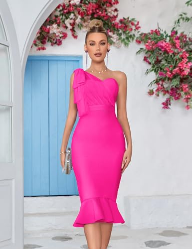 Image of Mesh One Shoulder Bow Midi Dress Fishtail Bandage Cocktail Party Wedding Bridesmaid Evening Gown