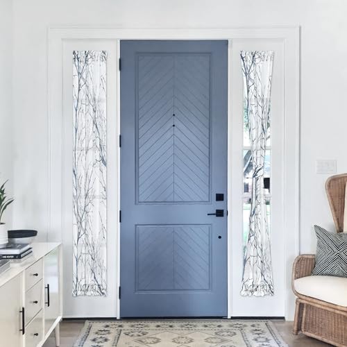 Image of FMFUNCTEX Sidelight Sheer French Door Curtains 72 Inches Long White, Blue and Grey Print Branch Semi-Sheer Door Panels for Front Patio Door 24 Inches Wide 2 Panels Set