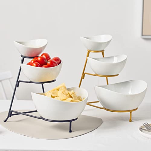 Gomakren 3 Tiered Oval Serving Bowl With Collapsible Metal Rack, Thanksgiving Bowls Dishes, Dessert Appetizer, Candy Chip Dip, Fruit, Vegetable Bowl Set, White Serving Dishes For Entertaining (Black) #TOP6
