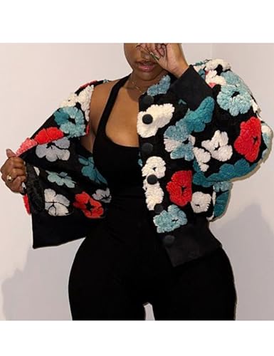 Aimiray Women's Cropped Floral Print Jacket Long Sleeve Fleece Warm Bomber Jacket Lightweight Button Varsity Coats4