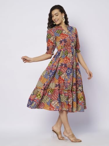 Image of PIDAVLIYA'S Women Cotton Printed Midi Dress with V Neck & Puff Sleeves | Flared A-Line Casual Summer Dress | Stylish Knee Length One Piece for Daily