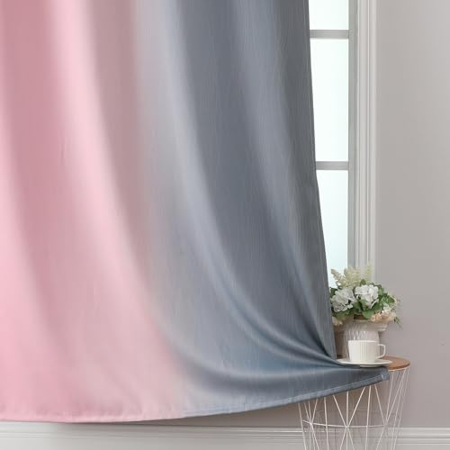 Pink and Grey Blackout Curtains 45 inches Long,Ombre Full Room Darkening Window Curtains for Living Room,Grommet Thermal Insulated Drapes,Light Blocking Curtains for Girls Bedroom,42x45 Inch, 2 Panels