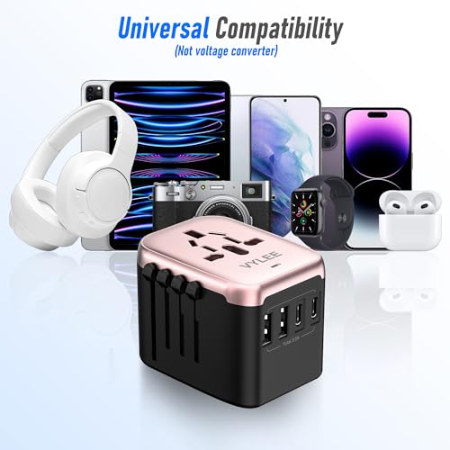 Image of VYLEE Universal Travel Adapter, 5 in 1 International Power Adapter with 3.5A 2xUSB-A & 2xUSB-C Ports, Travel Plug Adapter Worldwide for Europe USA UK AUS Travel Essentials (Rose Gold)