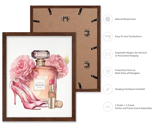 Image of Poster Master Pink Designer Print - Fashion Poster - Shoes, Lipstick & Perfume Art - Chic Gift for Women & Fashionista - Glam Decor for Bedroom or Girl's Room - 11x14 Brown Framed