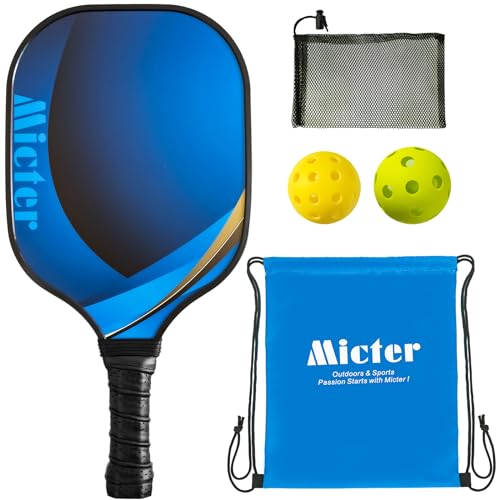 MICTER Juego de Palas de Pickleball, Pickleball Set con 1 Palas Pickleball de Fibra de Vidrio, 2 Bolas, 1 Bolsa portátil, Agarre cómodo Ergonómico, Exterior e Interior, Adecuado para Principiantes