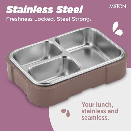Image of MILTON Ethan 3 Inner Stainless Steel Tiffin Box for School, 3 Partition, Steam Release Plug | PU Insulated, Leak-Proof, Food Grade I Lunch Box for Kids Boys, Girls with Snap Lock Lid, 600 ml, Taupe